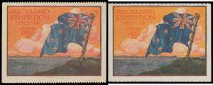 PUBLICITY LABELS: Rouletted multicoloured designs Flag, Bridge & Coat-of-Arms plus perforated Flag design, no gum but very fine, Dave Heslop Cat $NZ600. [Heslop doesn't distinguish between rouletted & perforated labels. We believe the perforated labels ar