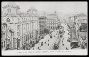 EXHIBITION POSTAL CARDS - HALFPENNY GREEN with VIEWS IN BLACK: Samuel #AB3a(f) "CHIEF POST OFFICE, QUEEN STREET, FROM FERRY BUILDINGS" (busy street scene with trams & horse-drawn vehicles), fine unused.