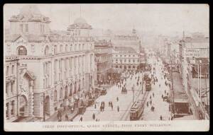 EXHIBITION POSTAL CARDS - HALFPENNY GREEN with VIEWS IN BLACK: Samuel #AB3b(f) "CHIEF POST OFFICE, QUEEN STREET, FROM FERRY BUILDINGS" unusually in purple-brown, to Deveonport with light strike of the 'NGARUAWAHIA/3FE/14/NZ' datestamp. [Used Auckland Exhi