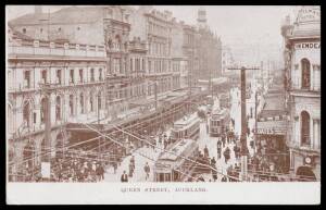 EXHIBITION POSTAL CARDS - PENNY RED with VIEWS IN PURPLE-BROWN: Samuel #AB4a(g) "QUEEN STREET, AUCKLAND" (bustling street scene with trams), very fine unused.