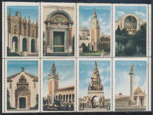 EXHIBITION POSTAGE STAMPS: USA 1c green to 10c orange & 10c yellow Scott #400A, 2c no gum; others with hinge remainders, Cat $US425; also "Cinderellas" comprising a setenant block of 8 different poster stamps and three other labels. (16 Items)