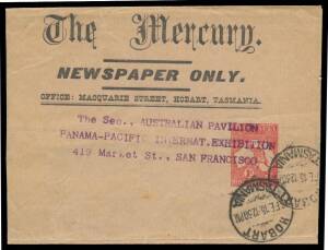 AUSTRALIAN PAVILION: Kangaroo 1d Wrapper with 'The Mercury/NEWSPAPER ONLY/...' heading with roneo'd address "The Sec Australian Pavilion/Panama-Pacific Internat Exhibition/..." intruding on the stamp impression, concealed opening fault. BW: WS2. The only 
