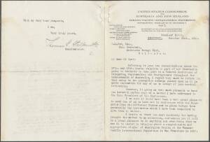 LETTERHEAD: 1913 (Oct.22) typed letter to David M. Dow, on letterhead for the United States Commission to Australia & New Zealand for the Panama Pacific Exposition, written at Menzies Hotel by Thos. Stallsmith concerning Australian Fruit display at San Fr