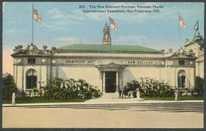 NEW ZEALAND PAVILION: Envelope with 'THE NEW ZEALAND COMMISSIONER/NEW ZEALAND PAVILION/...' imprint in blue at upper-left, to New Zealand with Exposition 5c tied by 'HONOLULU/MAY 17/HAWAII - 1915' cancellation; and an official postcard "2021. The New Zeal