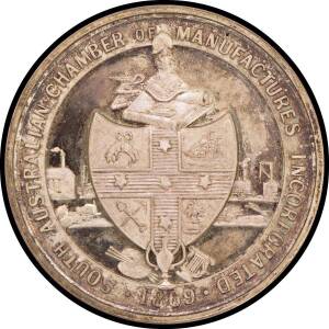 MEDALLIONS: Silver (51mm) 'SOUTH AUSTRALIAN CHAMBER of MANUFACTURES INCORPORATED .1869.' surrounding Coat of Arms, reverse 'AWARDED TO / R.C. SMITH / PATENT EXPANSIBLE / GUTTERING' within wreath, in original cardboard box, aUnc.