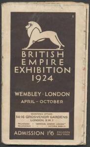 MAP & EPHEMERA: Large folded coloured map of the 1924 British Empire Exhibition site issued at 1/6 with detailed description of the Pavilions; typed letters (3) relating to the participation of The Australian Imperial Band; plus Period Pass for 10-30 June