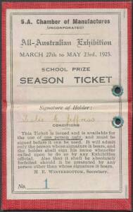 1925 Wonderland of Industry: "All-Australian Exhibition, March 27th to May 23rd 1925" Season Ticket No.1, won as a School Prize by Leslie C.Jeffress. Also, souvenir metal match-box holder with enamel scene of the Exhibition building. (2 items).Organized b