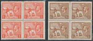 POSTAGE STAMPS: 1925 Wembley 1d (some split/rejoined perforations) & 1&frac12;d (the lower units are unmounted) SG 432-3 blocks of 4, Cat &pound;260+.