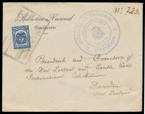 INWARDS MAIL: 1925 cover from Colombia with 'Biblioteca Nacional' (= National Library) imprint & huge cachet in blue, to "President and Directors of/.../International Exhibition/Dunedin", 8c indigo tied by huge boxed datestamp. An interesting origin/desti