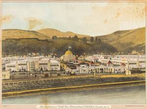 "New Zealand and South Seas International Exhibition, Dunedin, 1925-26", coloured photo-offset poster by Coulls Somerville Wilkie Ltd, window mounted, overall 56x46cm.