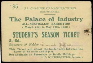 Student's Season Ticket; promotional poster stamps rouletted x3 (two on Bickford's Cordials window envelope or a postcard to Ecuador) or perforated; and advertising envelopes for Brockhouse & Co Engineers and Onkaparinga Woollen Co advertising their gold 