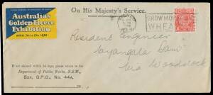 PROMOTIONAL LABEL: Blue & yellow perforated label (torn before being affixed) on NSW&nbsp;Department of Public Works&nbsp;envelope with KGV 1&frac12;d perf.OS;&nbsp;Public Trustee&nbsp;advertising on the reverse, to "Wyangala Dam/via Woodstock".