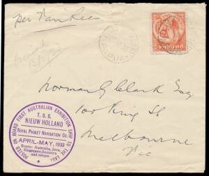 TRADE SHIP CACHET: Huge 'POSTED ON BOARD FIRST AUSTRALIAN EXHIBITION SHIP TO THE EAST/TSS NIEUW HOLLAND/...' cachet with details of the itinerary in violet superb strikes on covers with 'FIRST AUSTRALIAN TRADE EXHIBITION SHIP/...' imprint on the flap, fro