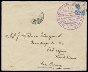 TRADE SHIP CACHET: Huge 'POSTED ON BOARD FIRST AUSTRALIAN EXHIBITION SHIP TO THE EAST/TSS NIEUW HOLLAND/...' cachet with details of the itinerary in violet very fine to superb strikes on covers with Australian x3 or Dutch Indies x5 adhesives