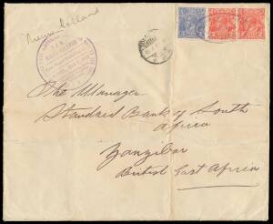 COMMERCIAL MAIL: Large linen-backed banker's packet (217x178mm) to "Standard Bank of South Africa/Zanzibar/British East Africa" with Australian KGV 2d x2 & 3d tied by undated triple-oval '.../SS NIEUW HOLLAND/...' ship's cachet, largely very fine strike o