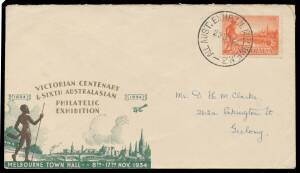 POSTAL MARKINGS: 'ALL AUST EXHBTN MELBNE N3' datestamp on two plain covers; also 'PRINCES PIER PORT MELB SC7' datestamp & registration labels on two covers, an example of the postmark on a stamp, a Melbourne Centenary roller postmark from Brisbane on a No
