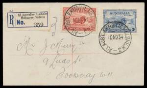 REGISTERED COVER: 'ALL AUST EXHBN MELBNE N3/13OC34' cds - First Day of Use - & Exhibition registration label 'No 359' (Rat's Tail&nbsp;variety).