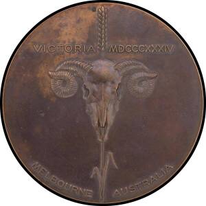 MEDALLIONS: Bronze (64mm) 'CENTENARY CELEBRATIONS' under power transmission pylon, reverse rams skull and corn cob by G. Raynor Hoff, C#1934/9, EF.