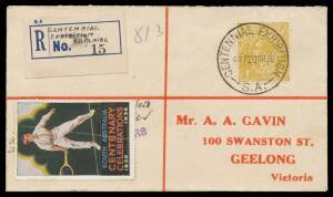 1936 ADELAIDE CENTENNIAL EXHIBITION: Kangaroo poster stamp mint; 11 May plain cover with 'CENTENNIAL EXHIBITION/SA' datestamp; three registered covers ( 20 March, 3 April & 6 May) with the datestamp & provisional registration labels with manuscript endors