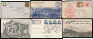 Philatelic material and postcards with many useful items including 1855 1/- Octagonal on cover endorsed "p Argo" from Melbourne to London; 1877 Chief Secretary frank stamps on 2 (defective) OHMS covers for the Victorian Royal Commission for the Paris Exhi