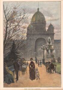 ENGRAVINGS & PRINTS, noted 1888 hand-coloured double-page engraving "The Great Hall of the Exhibition" by F.A.Sleap; three hand-coloured engravings showing the Melbourne Exhibition Building; plus a reprinted poster "First Australian Exhibition of Women's 