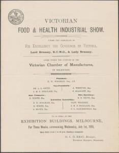 1896 VICTORIAN FOOD AND HEALTH INDUSTRIAL SHOW: 4-page prospectus for the Victorian Food and Health Industrial Show to be held in the Exhibition Buildings in Melbourne; 2 examples, one with mss notation "Richmond Mon. July 13th".[Advertised dates for the 