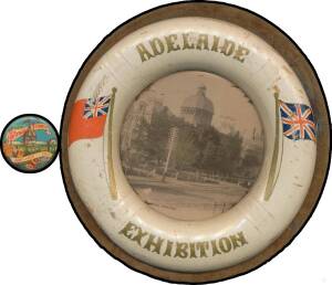 TRADE FAIR & EXHIBITION SOUVENIRS: '1908 Franco-British Exhibition' New Testament (32 x 90 x 12mm), '1925 All Australian Exhibition Adelaide' tin badge (32mm) and wooden lifebouy ring (160mm) with image of the Exhibition building in centre, '1934-35 Victo