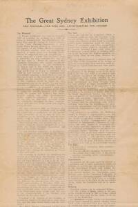 The Great Sydney Exhibition, December 1931 - Easter 1932: long flyer (actually a printer's proof) outlining the proposal by George A. Taylor, for an exhibition in Sydney intended to lead to the construction of a City of Peace, show-casing Australia at the