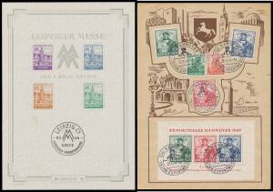 HANNOVER TRADE FAIRS: Philatelic envelopes & souvenirs including 1949 Allied Occupation M/S on souvenir page (Cat &pound;375), 1950 souvenir with Berlin Goethe set (Cat &pound;225), etc; also Leipzig Trade Fair 1946 Russian Zone miniature sheet (superb CTO, Cat &pound;350)