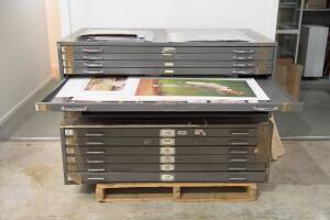 POSTER/MAP DRAWERS: Metal filing drawers (2) - one 148x114x46cm with 6 drawers; other 148x88x54cm with 9 drawers (one missing); plus miscellaneous range of cricket posters (c280) including d'Arcy Doyle prints of Shane Warne (8), Allan Border (7), Mark Wau