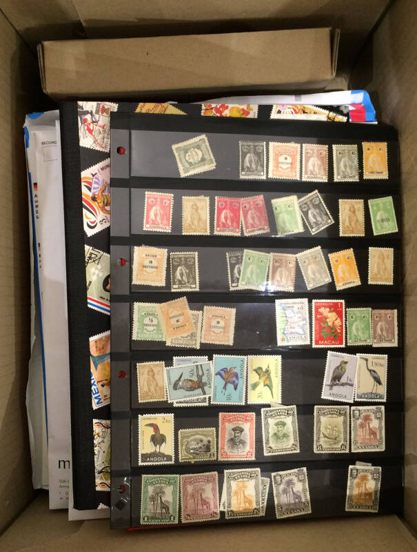 Carton with a foreign array including from Portuguese Colonies, Latin America, French Colonies & Katanga etc; a handy French collection on leaves with some postmark interest, a group of 1969-70 imperforate plate proofs, and a batch of 1960s-1970s Red Cros