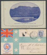 Old-time "Schwaneberger" world album with a mostly dilapidated collection but pickings including "Cinderellas", Revenues, Victoria 2/- with 'SB' (defective) or 'BS/&F' commercial perfins etc, also a lovely 1901 Farmer & Co (Sydney) patriotic envelope, Tas - 3