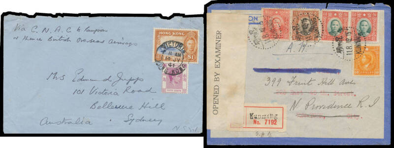 World War II "Over the Hump" annotated airmail covers with a few pre-WWII items including 1937 (Dec 17) Hong Kong-Chungking (philatelic), 1940 (Dec 27) Hong Kong-Chungking-Rangoon-NSW, 1941 (July 8) postcard India-Chungking-Hong Kong-USA, 1941 (July 14) H