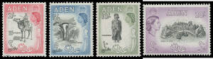 ADEN: 1953-63 Pictorials 5c to 1/- in singles (some CTO), large blocks and part-sheets with Waterlow and De La Rue Printings, plus 5/- black & blue SG 68a x15, 20/- black & deep lilac SG 72 x3, also Hadhramat 1955 5c to 10/- and 1986 Federation of South A