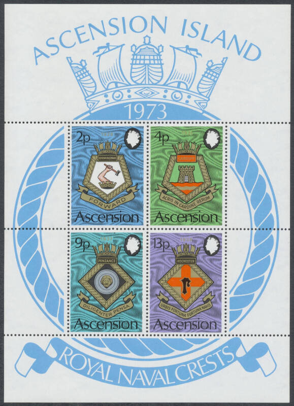 ASCENSION: 1973 Royal Naval Crests Miniature Sheets SG 170, Cat £2240 (2002). (80)