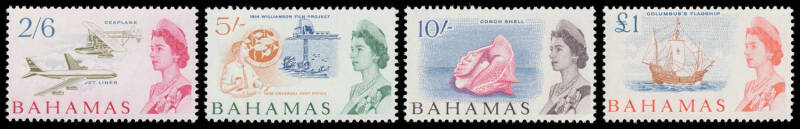 BAHAMAS: 1954 Pictorials ½d to 8d in blocks of 20+ and to 1/- in blocks of 8 plus 2/- x3 2/6d x4 5/- x3, 1964 New Constitution overprints with 2/- x9 2/6d x8 & 5/- x9, 1964 Pictorials 2/- 2/6d & 5/- blocks of 4 and 6 10/- x4 & £1 x3, 1966 New Currency Ove