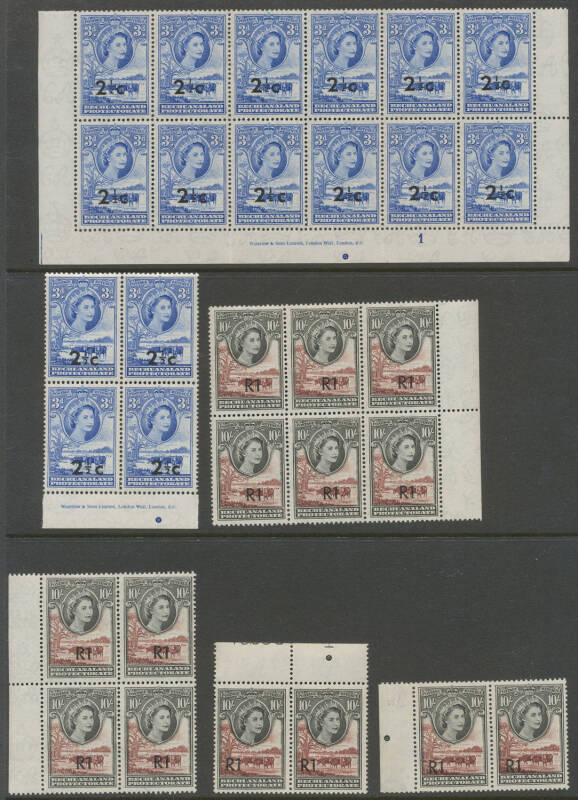 BECHUANALAND / BOTSWANA 1955 1/3d to 10/- (*) singles, 1961 surcharges to 'R1' on 10/- with blocks and part-sheets, noted '2½c' on 3d block of 4 and 10 both with overprint variety Spaced 'C' SG 160a, also singles pairs and blocks of 4 CTO/Used, Botswana