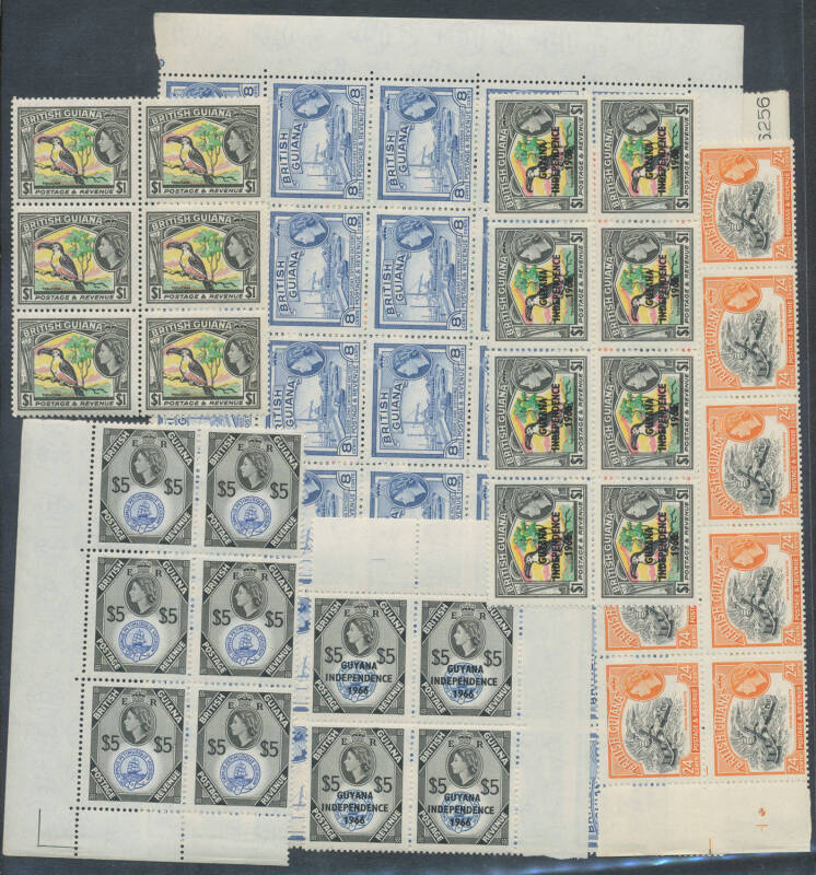 BRITISH GUIANA / GUYANA: 1954-63 Pictorials to $5 with singles, blocks and part-sheets, noted 1961 De La Rue 8c SG337a sheet of 100 (Cat £950), 1966 Independance overprints to $5 then 1970s issues with blocks and sheets. (100s)