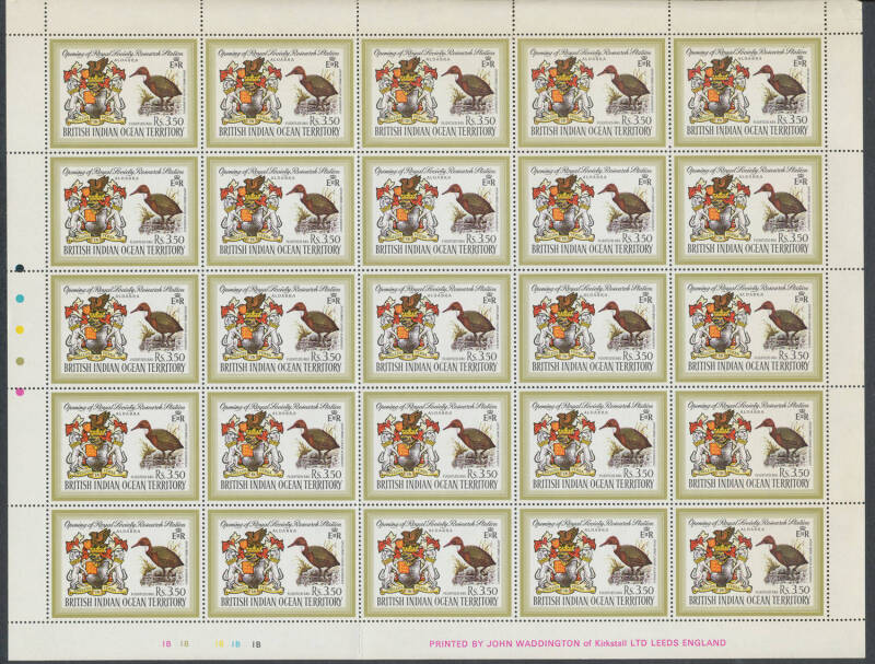 BRITISH INDIAN OCEAN TERRITORY: 1971 3r50 Research Station SG 40 sheet of 25, (some marginal perf separation), 1974 Nordvaer Post Office 85c & 2r50 SG 56-57 x32 (full sheet of each plus block of 7) and 1974 Wildlife 2nd series SG 56-62 x19, Cat £600+. (1