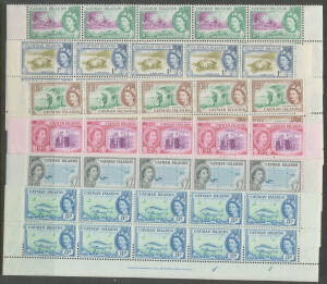 CAYMAN ISLANDS: 1953 ½d to 3d imprint blocks of 10 plus 1d half-sheets of 30 x8 2/- x3 & 5/- block of 4, 1962 1/9d x16 & 5/- x16 and £1 pair then decimals including 1970 Easter Paintings in sheets with duplicates and other issues to 1974, Cat £1000+. (120