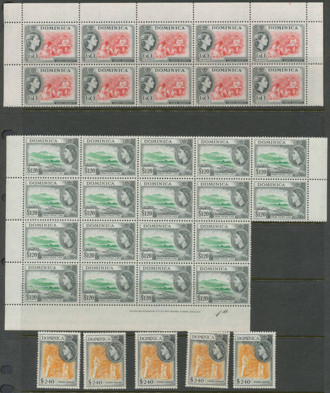 DOMINICA: 1954 Pictorials including part-sheets or large blocks to 48c then 60c x22 $1.20 x22 $2.40 x5 also some mounted singles, 1963-65 Pictorials x7 sets, also some other issues to 1972 including M/Ss, Cat £1000+. (100s)