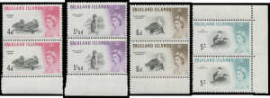 FALKLAND ISLANDS: 1955-57 ½d to 2d pairs plus 1/- imprint block of 12, 1960-66 Birds singles, pairs, blocks of 4 & 6 and large part-sheets (ex 2d) to 1/- plus 2/- x2 & 5/- x2 pairs, noted 1d Weak Entry (R12/5) x2, 1962 Radio x15 sets, 1964 50th Anniversa