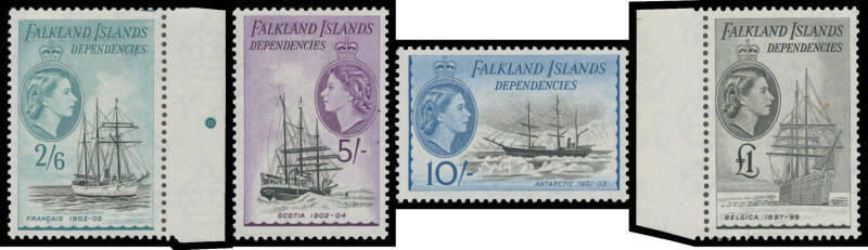 FALKLAND ISLANDS: DEPENDENCIES: 1954-62 ½d to £1 including half-sheets or large blocks to 1/-, noted 1d Retouch to Cross-Hatching (R12/1) SG 27ba, 2/- x5 2/6d x6, 5/- x7 & 10/- x3, 1956 'Trans-Antarctic Expedition' overprints with 2½d 3d & 6d full sheets,