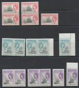 FALKLAND ISLANDS: DEPENDENCIES: 1954-62 ½d to £1 including half-sheets or large blocks to 1/-, noted 1d Retouch to Cross-Hatching (R12/1) SG 27ba, 2/- x5 2/6d x6, 5/- x7 & 10/- x3, 1956 'Trans-Antarctic Expedition' overprints with 2½d 3d & 6d full sheets, - 3