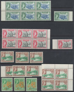 FIJI: Some mint and used KGVI singles, 1954 1d sheet of 60, 1/6d & 2/- x7, 1959-63 including Wmk Script 2/6d x37, 1962 to 5/- then sets in packets, large blocks and sheets to 1977 including definitive reprints etc. (approx 2000+)