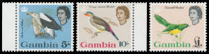 GAMBIA: 1953 2/6d x2 plus 4/- & 5/- pairs, 1963 Birds 1/3d & 2/6d blocks of 4, 5/- x3 10/- x3 & £1 x3, 1965 Independence overprints 1/3d to £1 with a single, pair, block of 4 and block of 6. (approx 400)