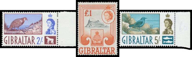 GIBRALTAR: 1953 3d block of 4 & 8, 1/- singles, pairs x3, blocks of 4 x2, plus mounted 2/- 5/- & 10/- (toned), 1960-62 Pictorials with 2/- x4 5/- x7 10/- x4 & £1 x4, others to 1972 with singles, large blocks and sheets plus 1978 Royal Residencies £1.15 'P