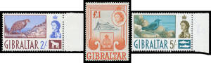 GIBRALTAR: 1953 3d block of 4 & 8, 1/- singles, pairs x3, blocks of 4 x2, plus mounted 2/- 5/- & 10/- (toned), 1960-62 Pictorials with 2/- x4 5/- x7 10/- x4 & £1 x4, others to 1972 with singles, large blocks and sheets plus 1978 Royal Residencies £1.15 'P