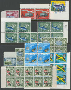 JAMAICA: 1955-74 with sheets, part-sheets, large blocks and singles including 1955 Tercentenary x54 sets, 1956 Pictorials to 3/-, 1960 Stamp Centenary x59 sets (1x 6d removed from sheet), 1962 Independence overprints, 1963 Miss World x48 sets, 1973 Orchid