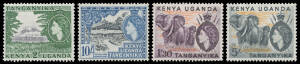 KENYA, UGANDA AND TANGANYIKA: 1954 1s30 SG 176 x88 (including blocks of 30 & 37), 5/- (*) x5 10/- (*/**) x4 (one unmounted) and £1 x5 (*), 1960 Definitives 5c to 10/- including 1s30 x8 2s x8 2s50 x7 & 10/-, 'OFFICIAL' overprints 1959 1s30 x10 5/- x4 and 